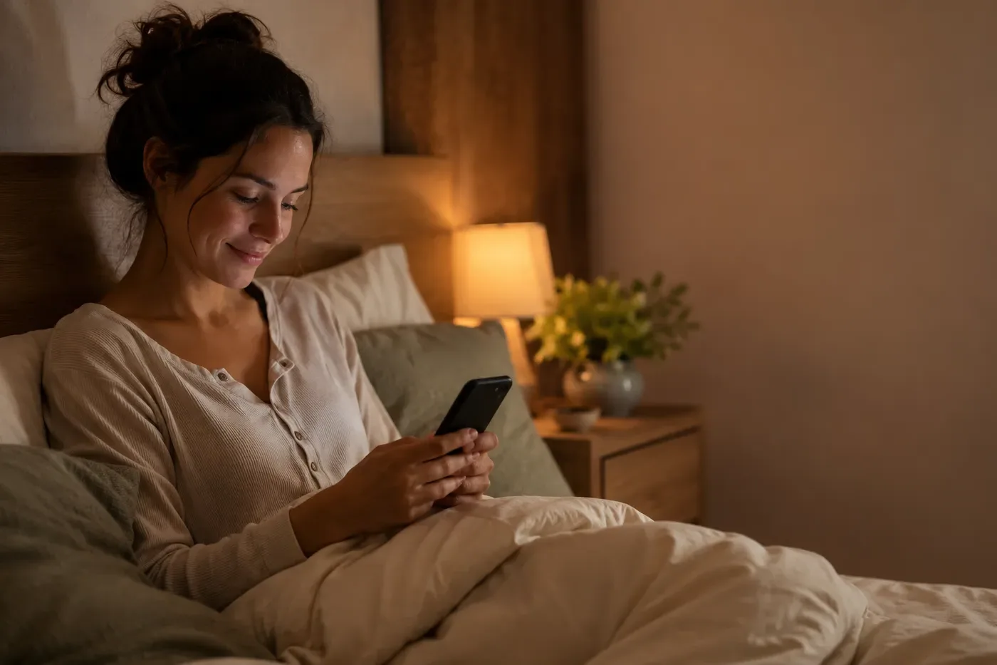 Reading in bed by lamplight