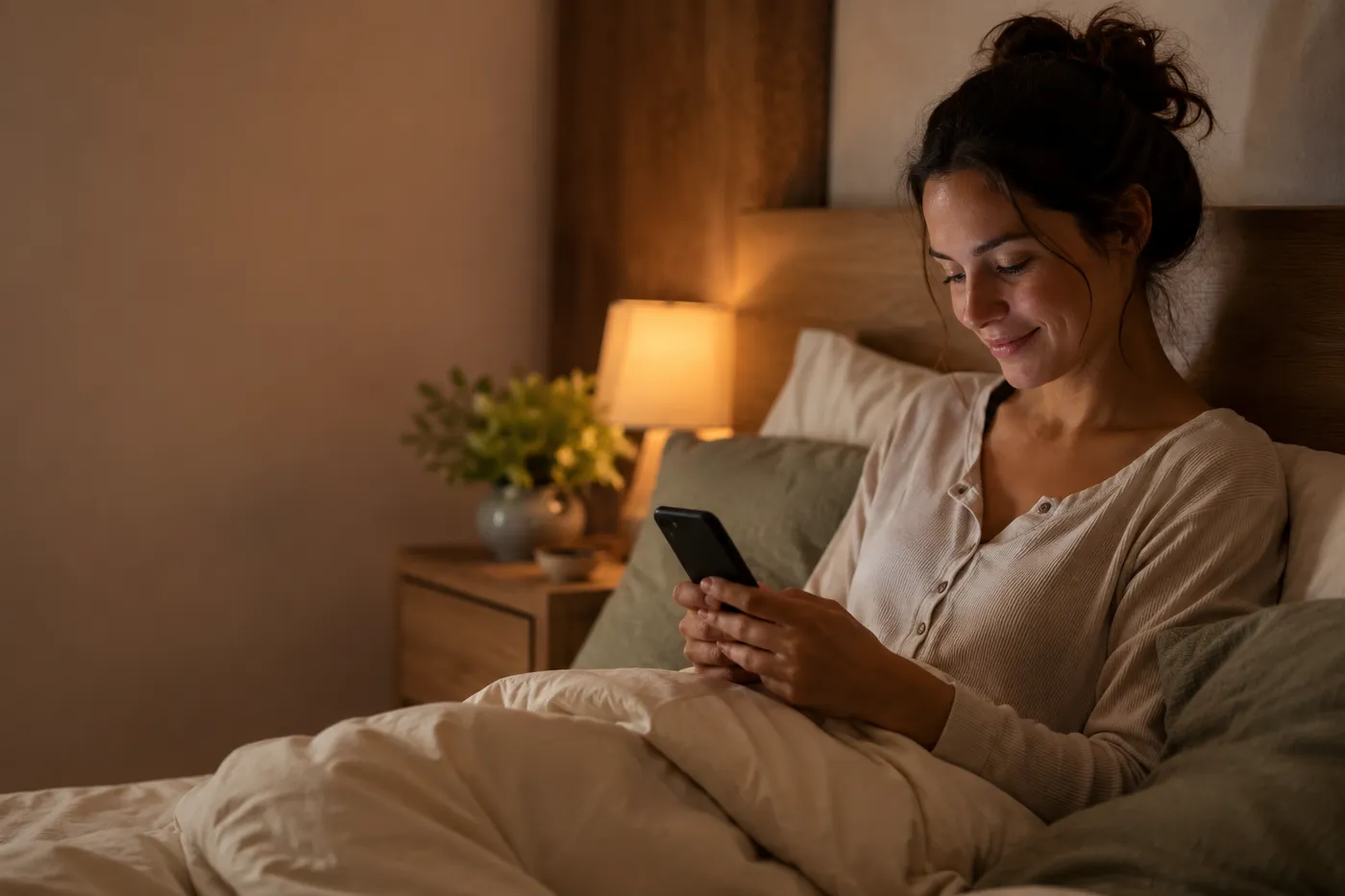 A woman checking her sleep insights on her phone at night