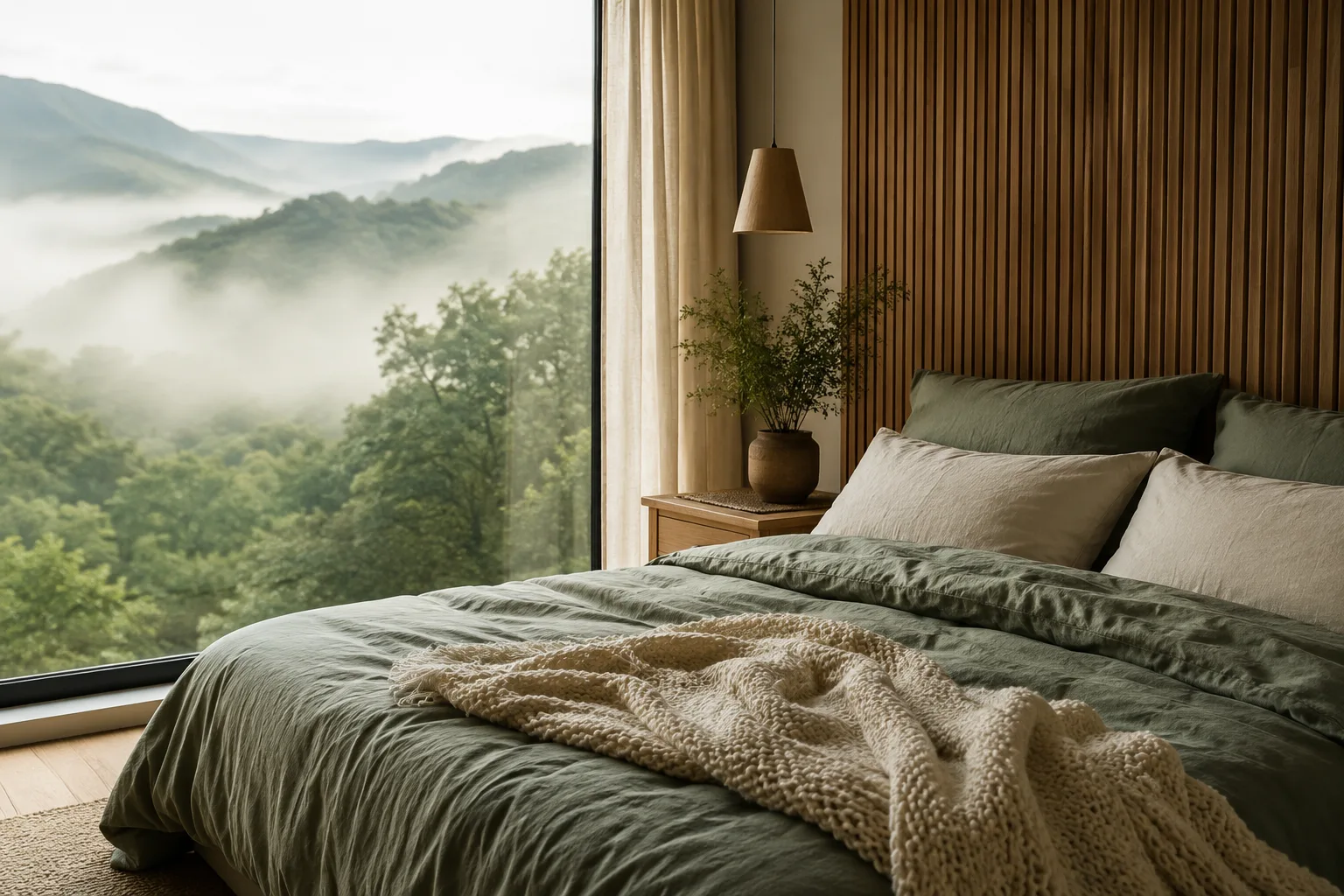 A calm bedroom with a mountain view through the window