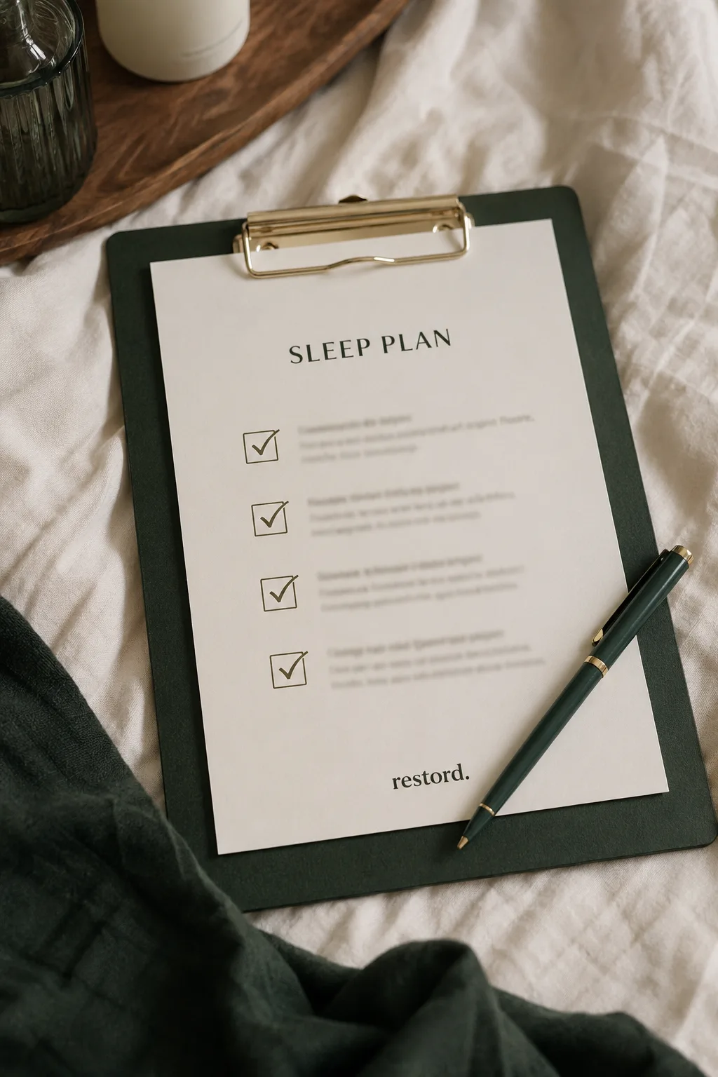 A printed Restord sleep plan checklist on a clipboard