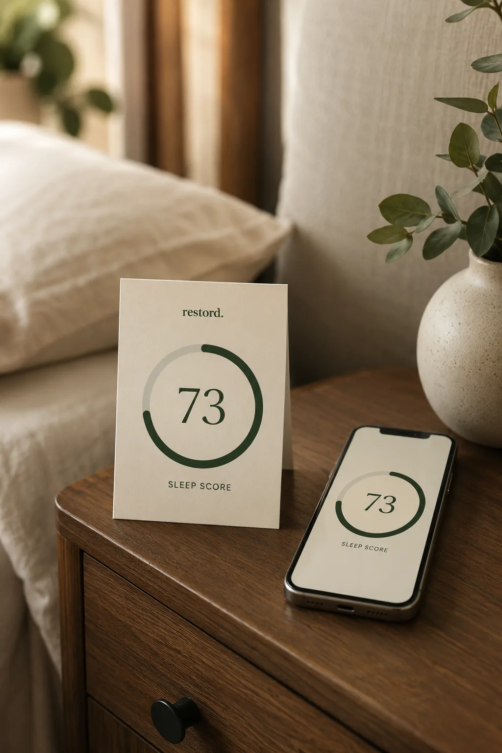 A printed Restord sleep score card on a nightstand