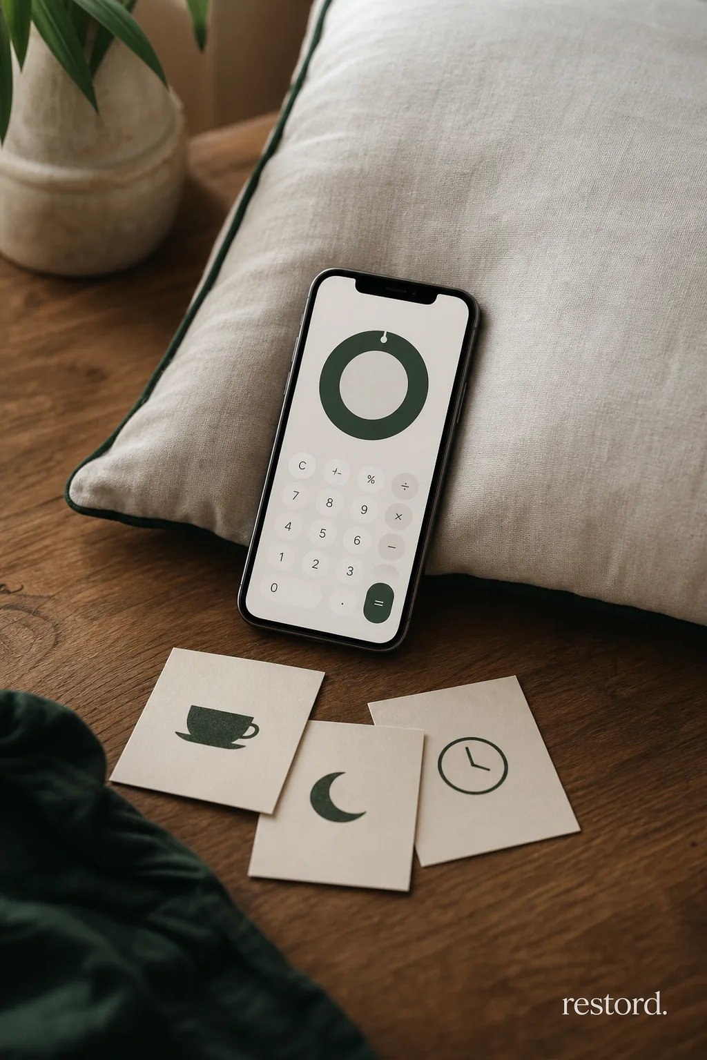 The Restord app beside printed tool cards