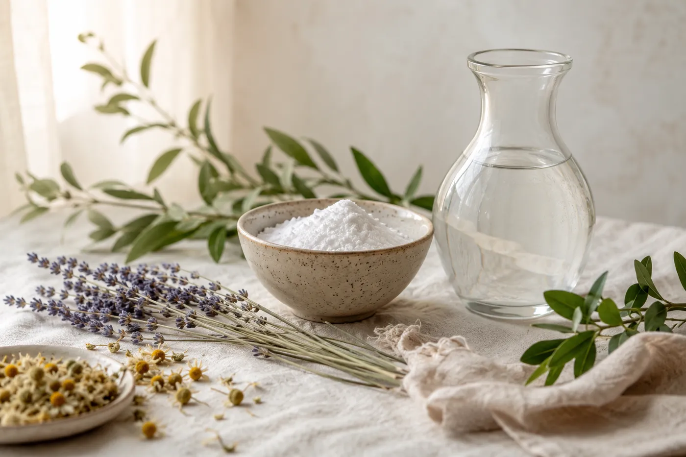 A calm botanical still life of sleep-supporting ingredients