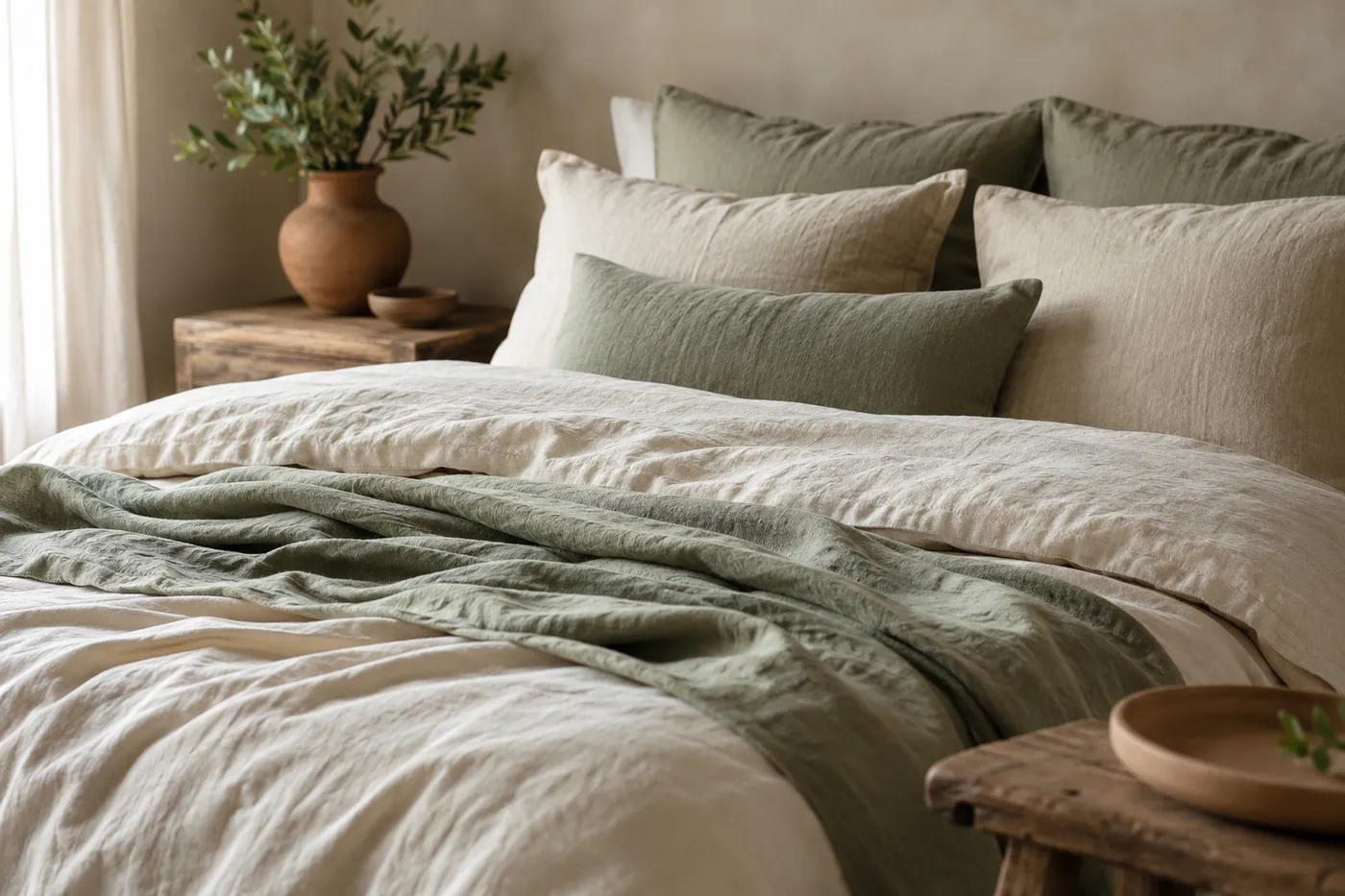 Layered linen bedding in cream and soft sage with plush pillows