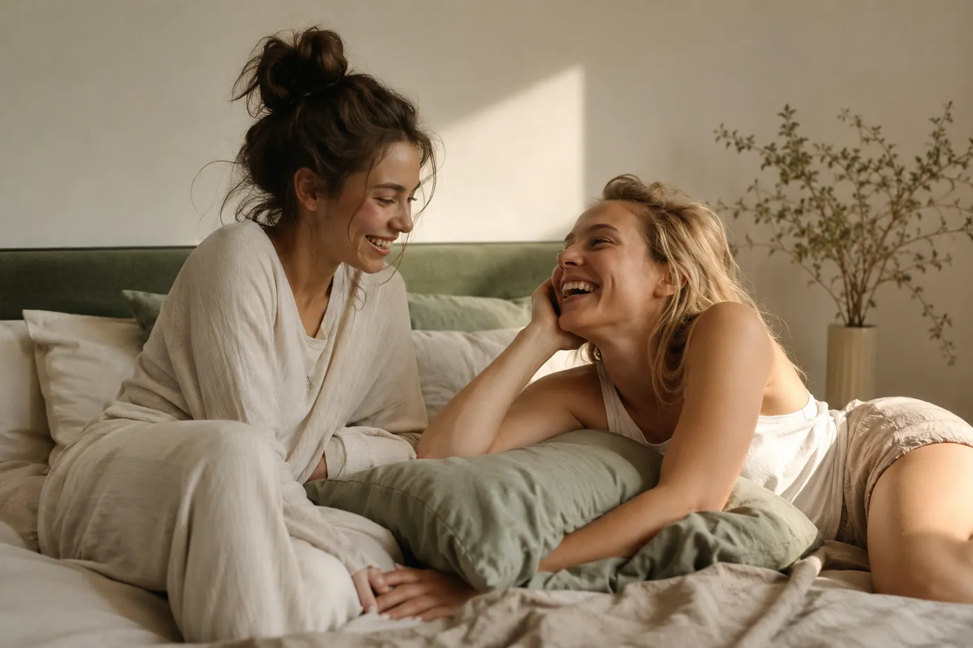 Two women laughing together while relaxing on a bed in soft morning light