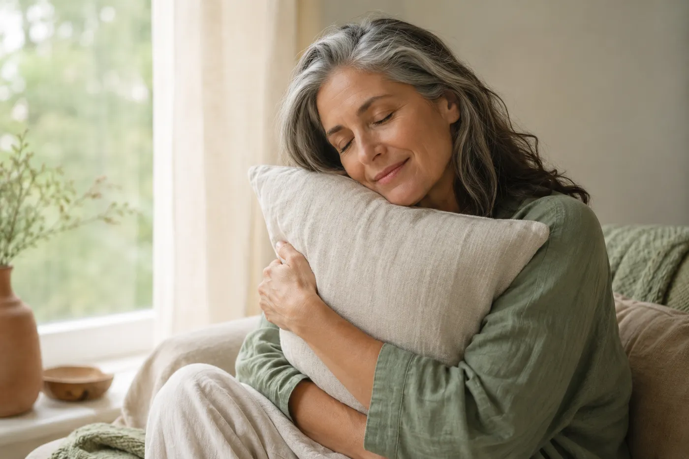 Older woman peacefully hugging a soft pillow in gentle window light