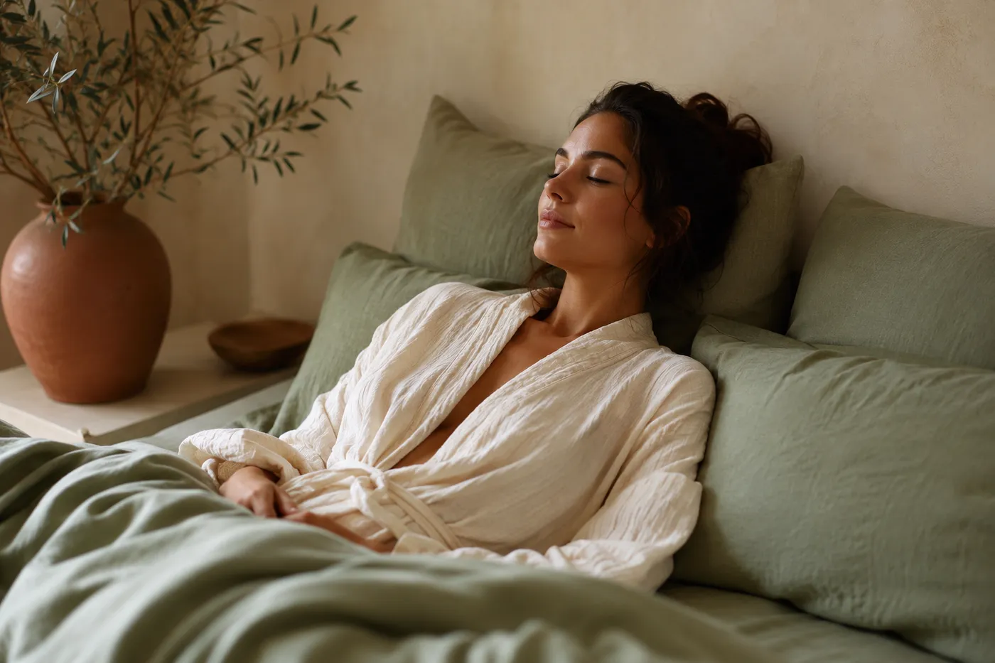 Woman in a cozy robe resting on sage green bedding, calm and relaxed