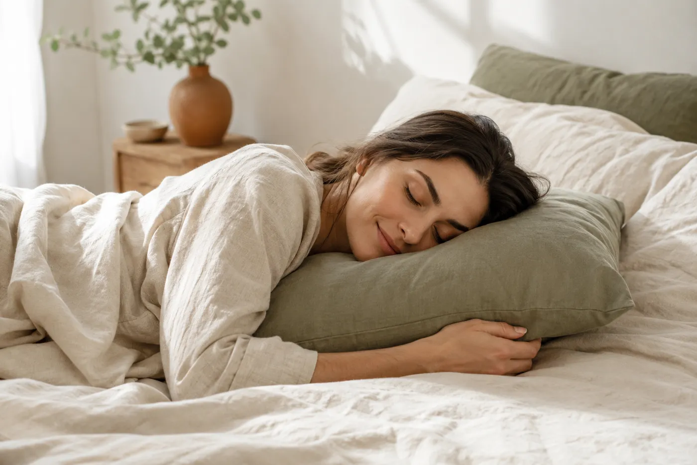 Woman resting peacefully on a supportive pillow in a bright, sunlit bedroom