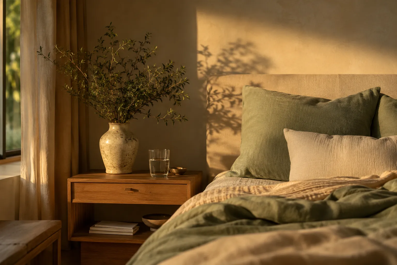 A serene bedroom at golden hour with a glass of water on the nightstand