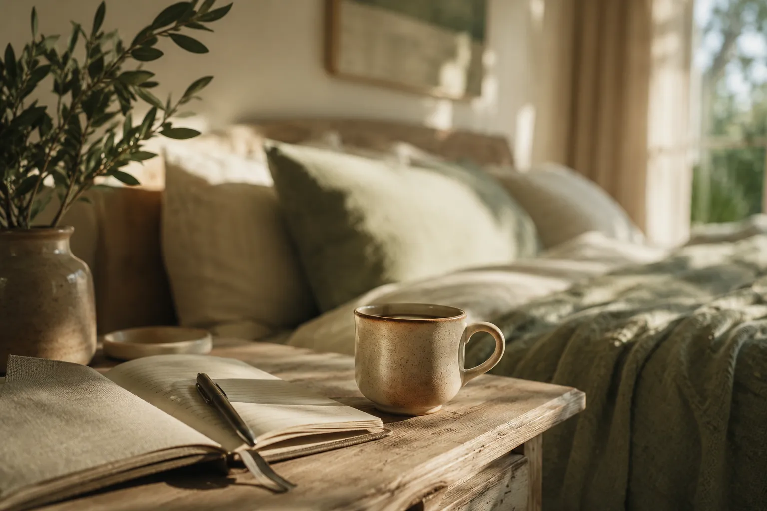 A warm coffee cup beside a journal in golden morning light