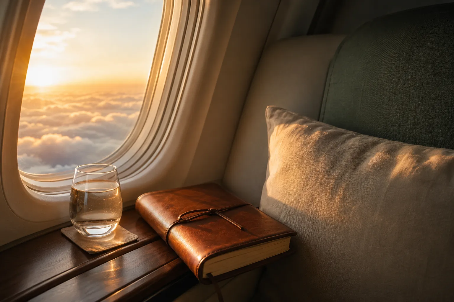 An airplane window with golden sunset clouds and a calm seat table
