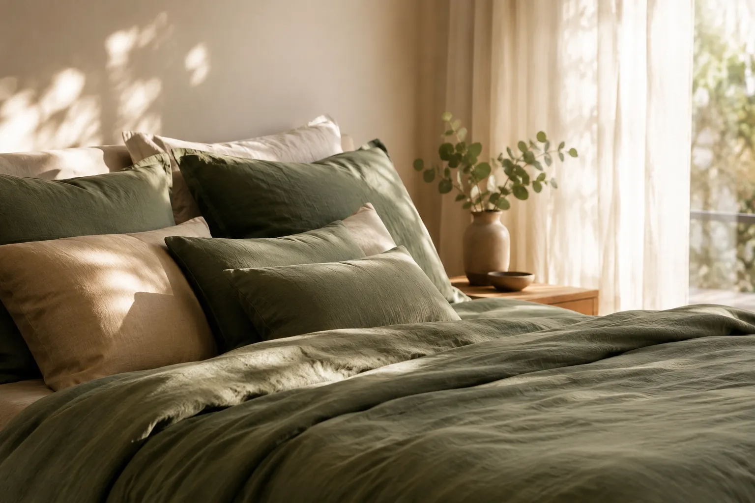 A calm bed with sage-green linen bedding in warm morning light