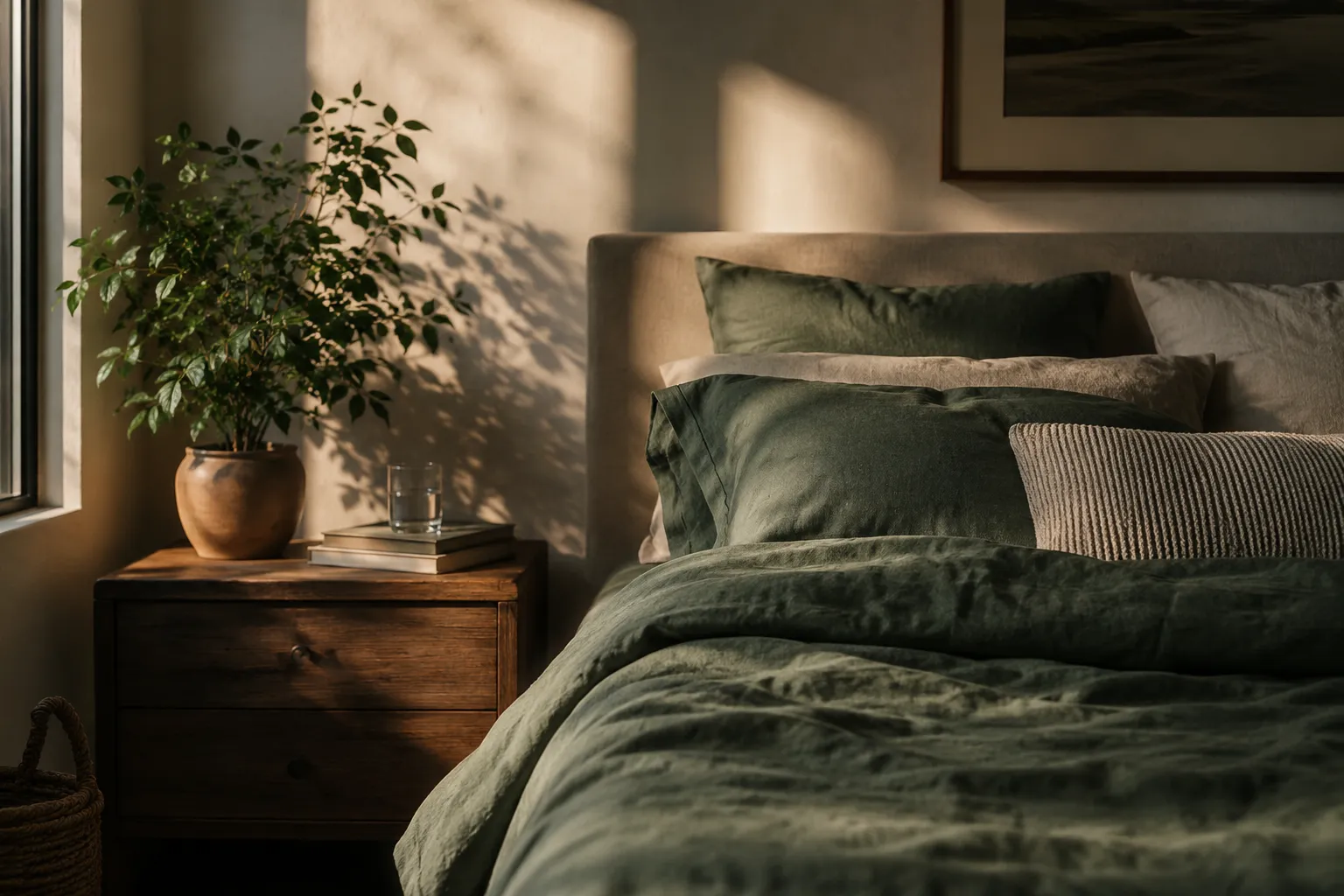 A moody bedroom with deep sage bedding in late-afternoon light