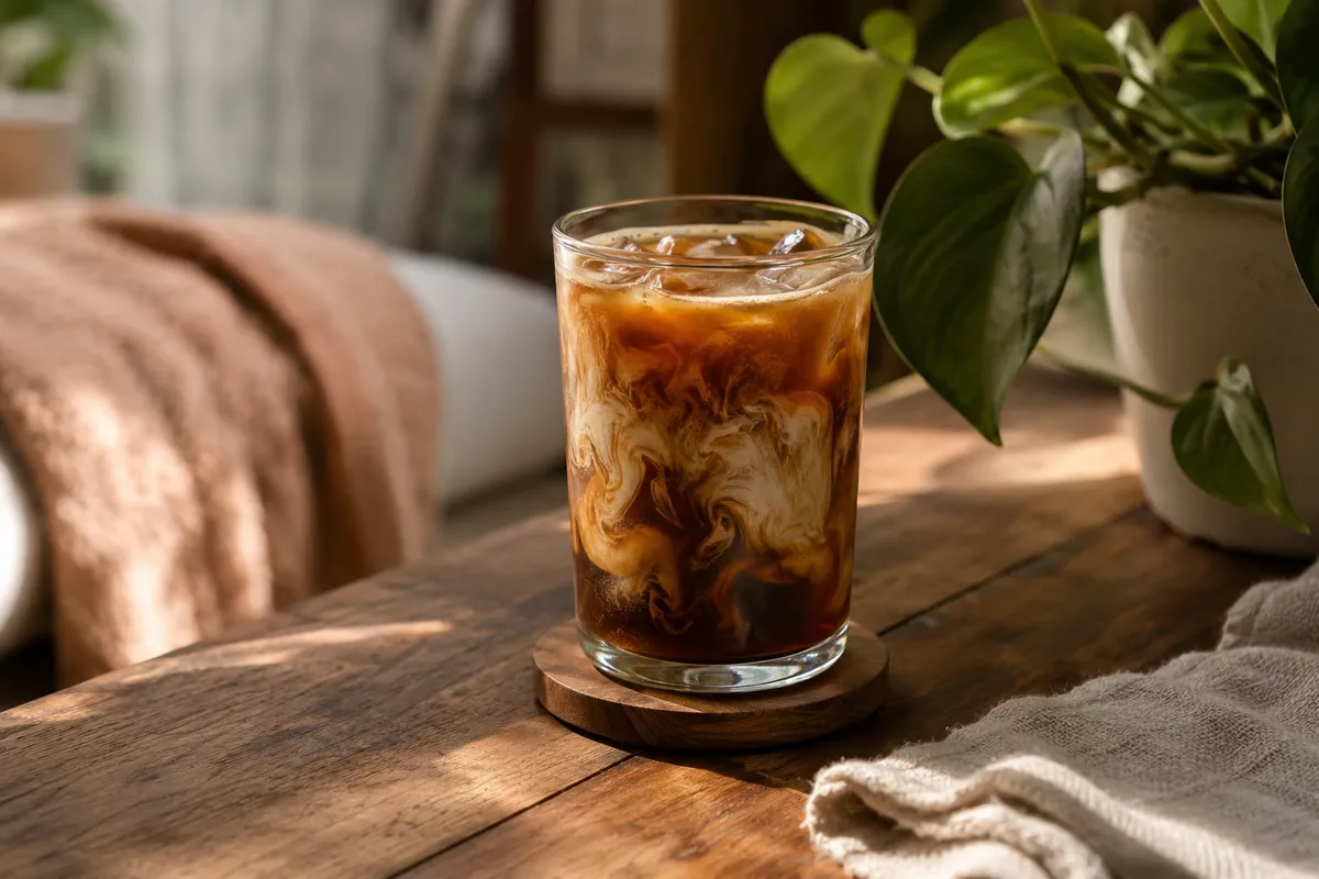 A glass of iced coffee in warm light