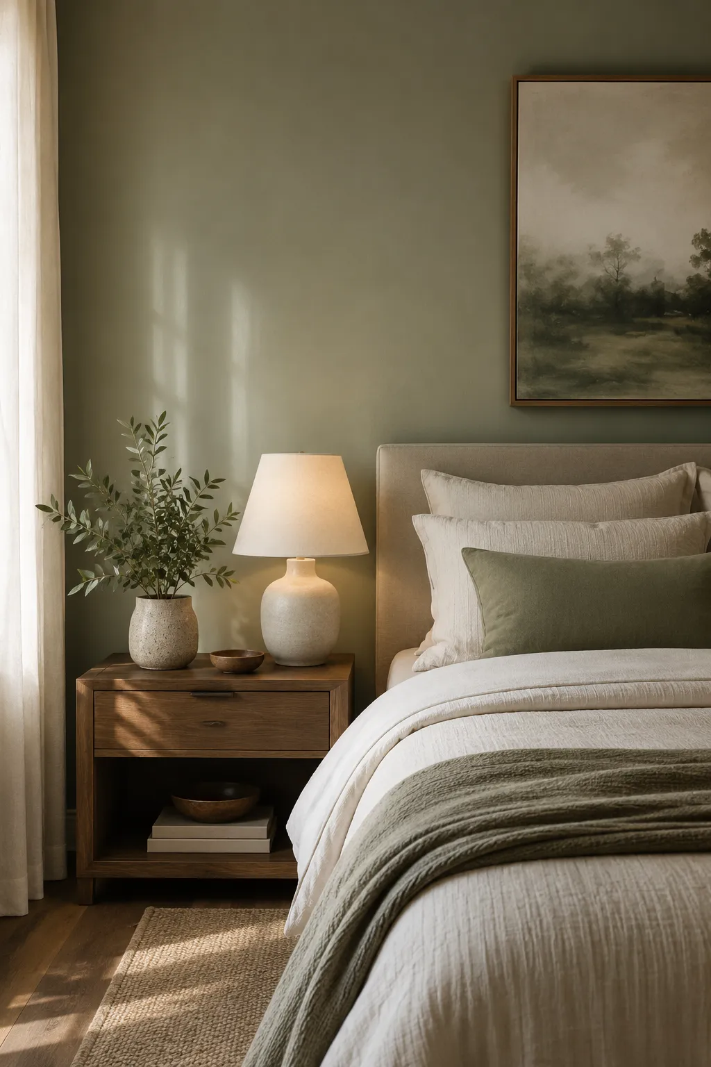 Warmly lit bedroom with layered neutral bedding and a bedside lamp