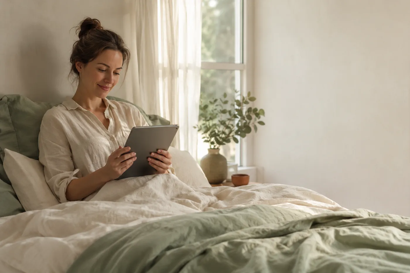 Reading about sleep in a calm bedroom