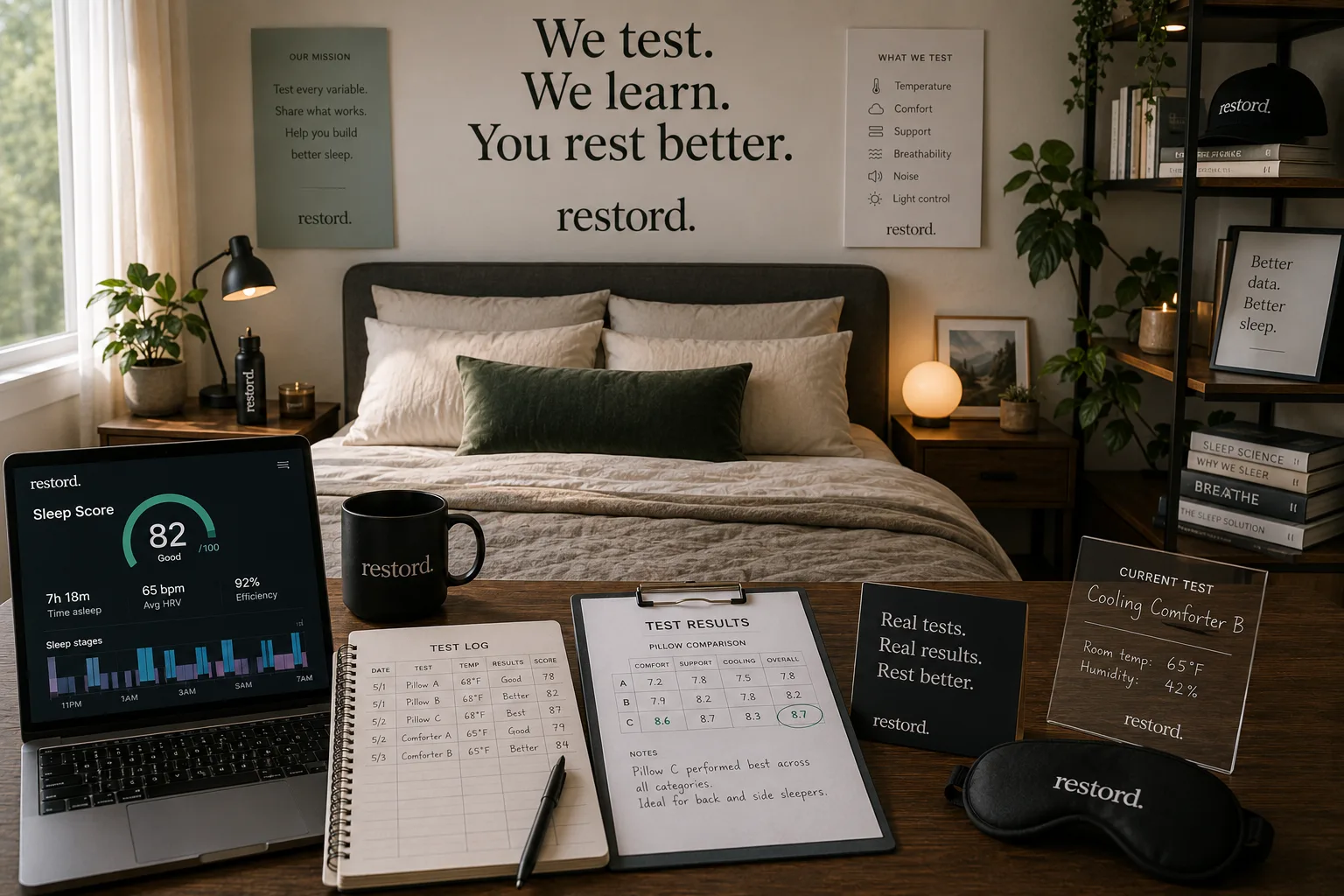 The Restord sleep testing room — bed, desk, and tracking tools