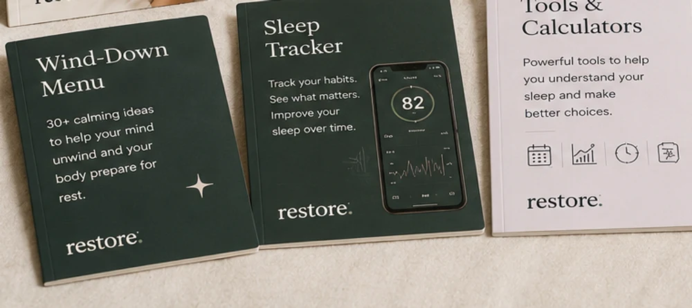 Restord Wind-Down Menu, Sleep Tracker and Tools & Calculators guide cards laid flat