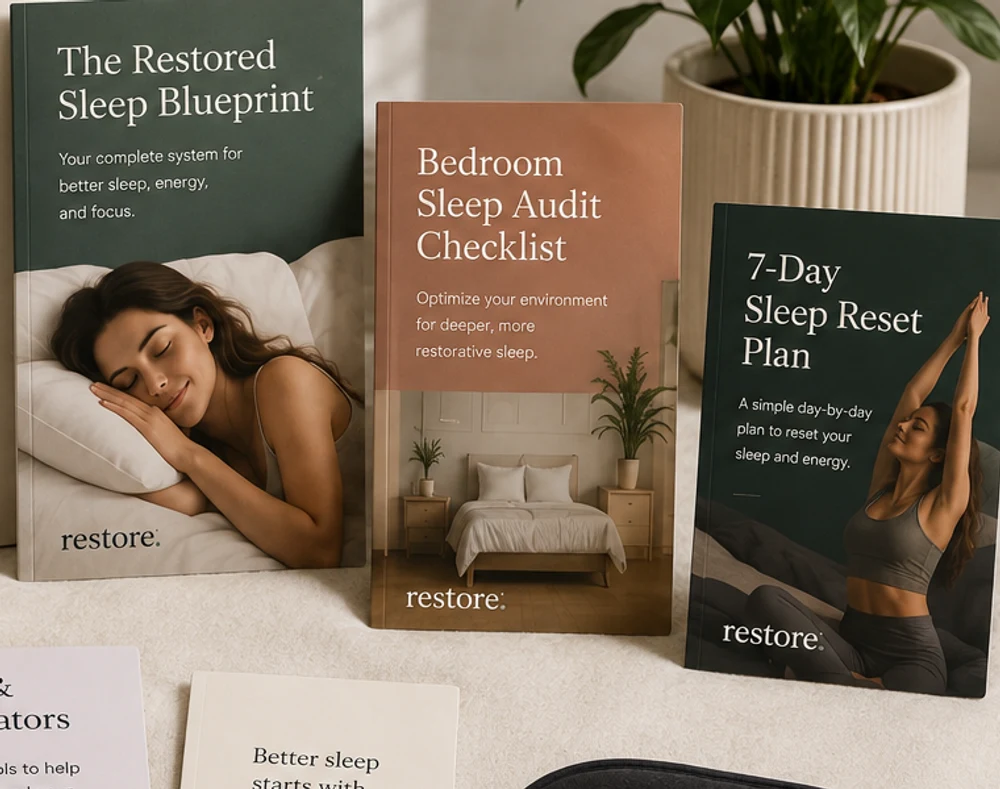 Three Restore guide covers — The Sleep Blueprint, Bedroom Sleep Audit Checklist, and 7-Day Sleep Reset Plan