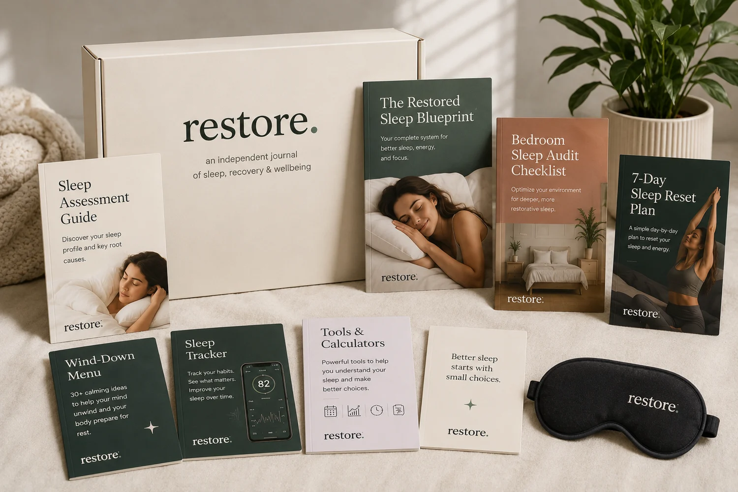 The Restore Sleep Blueprint Bundle — navy box with the Sleep Blueprint, Assessment Guide, guide cards, eye mask and water bottle laid on marble